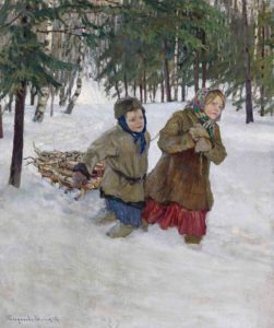 Везущие дрова по снегу 1886, Художник Николай Петрович Богданов-Бельский Везущие дрова по снегу 1886, Художник Николай Петрович Богданов-Бельский